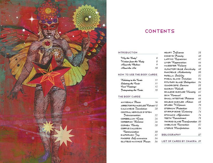 An illustrated figure with wings, a mask, and a crown holds a flower among colorful stars. Next to it, Body Cards by Schiffer Publishing, Ltd. displays a self-discovery guidebook’s table of contents listing body and organ names like anatomy cards.