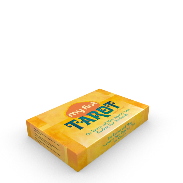 A yellow box labeled My First Tarot by Schiffer Publishing, Ltd. rests on a white surface. Colorful text highlights it as an easy guidebook and starter tarot card deck for beginners to learn tarot card meanings.