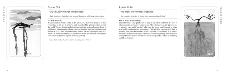 Two pages from The PSALM® Cards by Schiffer Publishing, Ltd. showcase Psalms 79:3 and 80:10 with Hebrew text, English translation, commentary, and grayscale watercolor art of trees and landscapes for spiritual inspiration.