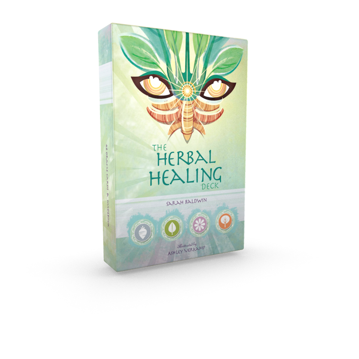 The Herbal Healing Deck box by Schiffer Publishing, Ltd. displays an illustrated moth with leafy wings, evoking herbal medicine themes, and four small circular icons at the bottom on a light green background.