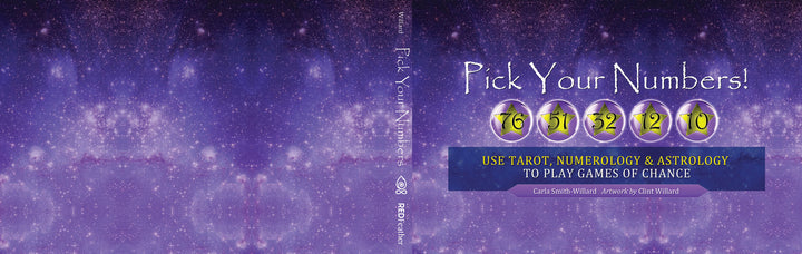 Book cover with a purple starry background. "Pick Your Numbers!" by Schiffer Publishing, Ltd. features six lottery balls (7, 6, 51, 32, 12, 10) and the subtitle: Use Tarot numerology & intuition to win lotteries and games of chance.