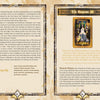 A two-page parchment-style spread from Schiffer Publishing, Ltd.’s The Illuminati Tarot showcases The Empress III card with descriptive text, a Yolanda d’Aragón quote, and a Keywords section in the lower left corner.