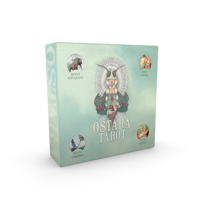 The Ostara Tarot by Schiffer Publishing, Ltd. comes in a pastel box with detailed art of a crowned figure at the center, circular animal images and artists' names in the corners. The box is gently angled to the left, perfect for spring equinox themes.