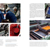 A two-page spread in "Cotton & Indigo from Japan" by Schiffer Publishing, Ltd. shows workers printing Japanese cotton, dye containers, and colorful textiles, alongside text about the fiber arts and printing techniques.