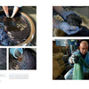 A series of photos from "Cotton & Indigo from Japan" by Schiffer Publishing, Ltd. shows Japanese cotton soaking in indigo dye, hands working with wet dye paste, close-ups of dyed fabric, and rinsing the cloth.