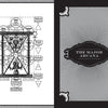 Left page: The AlcheMystic Woodcut Tarot by Schiffer Publishing, Ltd. shows Hebrew words, geometric shapes, and tarot images for Kabbalah concepts. Right page: Ornate black design with “THE MAJOR ARCANA” in a decorative frame.