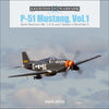 Book cover of 'P-51 Mustang, Vol. 1' with a P-51 Mustang airplane on a cloudy sky background.