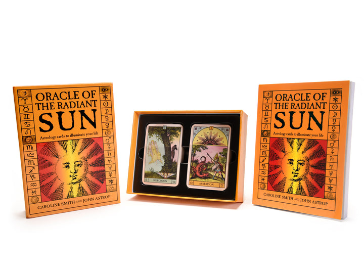 The image shows Schiffer Publishing, Ltd.'s Oracle of the Radiant Sun deck, with its box, zodiac guidebook, and two illustrated oracle cards displayed in an open case alongside two closed booklets.