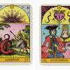 Two illustrated cards from the "Oracle of the Radiant Sun" by Schiffer Publishing, Ltd.: one depicts a warrior fighting a dragon under a radiant sun (Assertion); the other shows an elegant couple with hearts above (Acquisition).