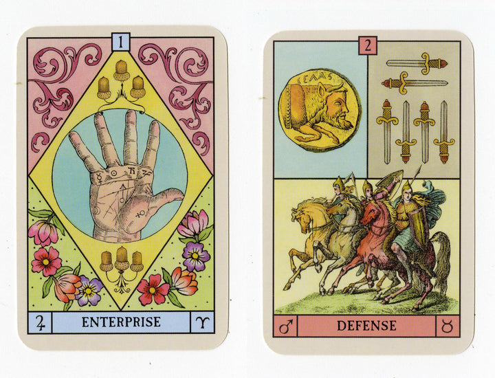 The Oracle of the Radiant Sun by Schiffer Publishing, Ltd. includes two illustrated tarot-style oracle cards—one featuring a palmistry hand, cups, and flowers (Enterprise), and another with riders, swords, and a lion coin (Defense). Ideal for zodiac readings.