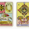 Two illustrated Oracle of the Radiant Sun cards by Schiffer Publishing, Ltd: one shows a horse rider with "IMPULSIVENESS," Aries, and Mars; the other features florals, "EXALTATION," Taurus, and Moon—great for any astrology oracle deck or guidebook.