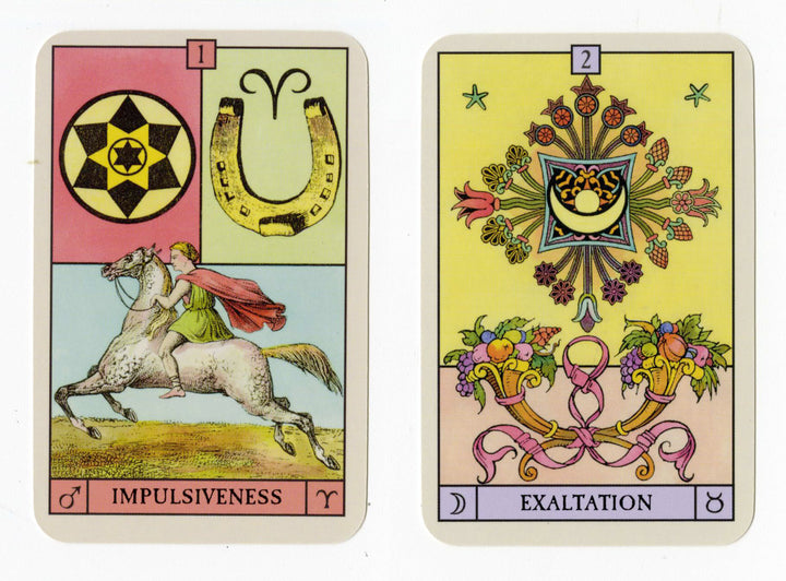 Two illustrated Oracle of the Radiant Sun cards by Schiffer Publishing, Ltd: one shows a horse rider with "IMPULSIVENESS," Aries, and Mars; the other features florals, "EXALTATION," Taurus, and Moon—great for any astrology oracle deck or guidebook.