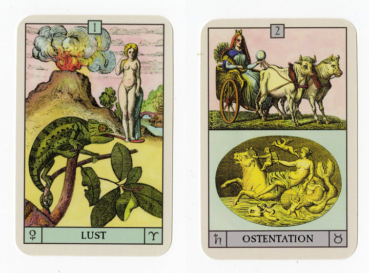 Two illustrated cards from Schiffer Publishing, Ltd.'s "Oracle of the Radiant Sun": one depicts a chameleon, naked woman, and volcano labeled "Lust"; the other shows a woman with oxen in a chariot, labeled "Ostentation." Perfect for astrology decks.