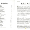 Two pages from Oracle of the Radiant Sun by Schiffer Publishing, Ltd. are shown: one with a contents table covering oracle cards, planets, signs, and readings (page 6), the other with “The Seven Planets” heading and intro to planetary symbolism (page 14).