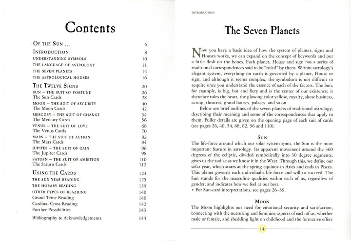 Two pages from Oracle of the Radiant Sun by Schiffer Publishing, Ltd. are shown: one with a contents table covering oracle cards, planets, signs, and readings (page 6), the other with “The Seven Planets” heading and intro to planetary symbolism (page 14).