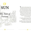 Pages 26–27 of the Oracle of the Radiant Sun (Schiffer Publishing, Ltd.) describe the Sun cards in tarot, with an illustration and text on their astrological meanings, keywords, and associations.