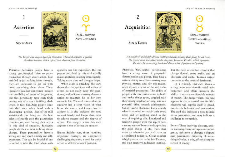 Two pages from Oracle of the Radiant Sun by Schiffer Publishing, Ltd. show tarot cards and text: the left features Assertion (Sun in Aries, ram card), while the right displays Acquisition (Sun in Taurus, bull card) with detailed descriptions.