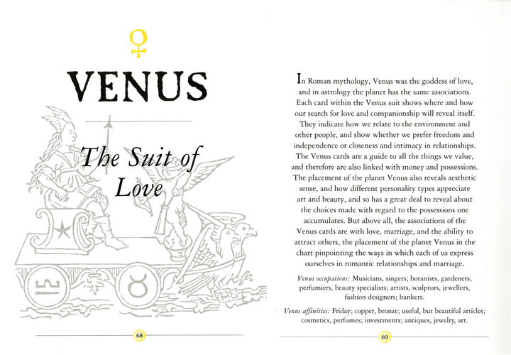 A book spread in Oracle of the Radiant Sun by Schiffer Publishing, Ltd. features Venus, Roman goddess of love, on the left page and text discussing her mythological and astrological symbolism on pages 68–69.