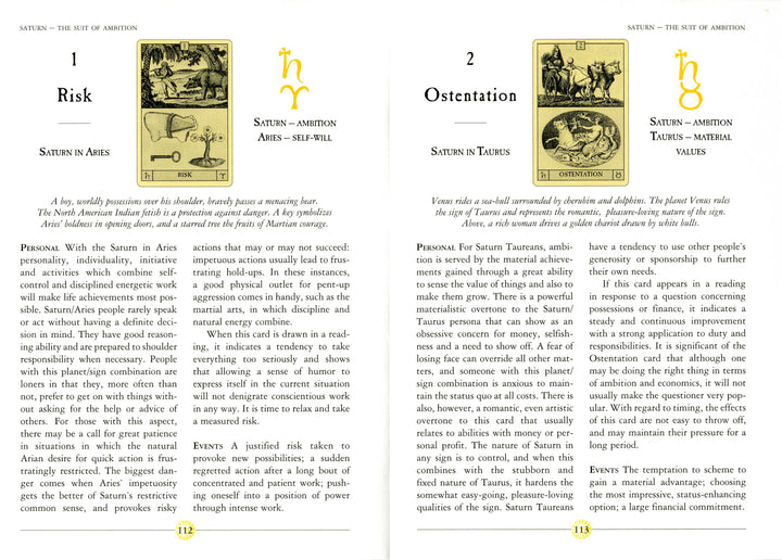 Pages 112 and 113 from Schiffer Publishing's "Oracle of the Radiant Sun" show Saturn in Aries and Taurus, featuring tarot-style oracle cards, astrological symbols, and insights into each sign’s personality, ambition, and values.