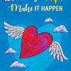 A blue sky with clouds, a bright yellow sun, and a large blue heart form the backdrop. Up front, a red heart with angel wings smiles. Above it reads “Thank Forward” from Schiffer Publishing, Ltd., inspiring positivity.