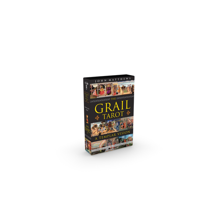 The Grail Tarot by Schiffer Publishing, Ltd. is a boxed set featuring medieval-themed cards with gold lettering on a black background and vibrant imagery inspired by the Knights Templar on the front and sides.