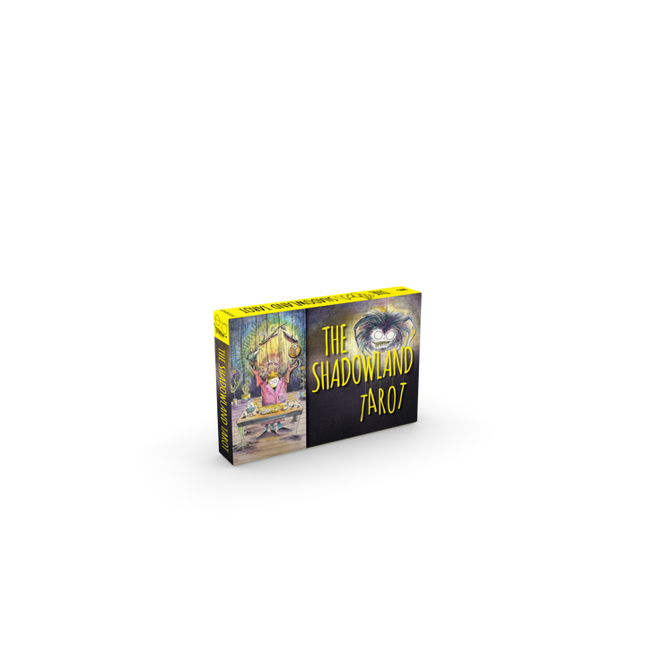 The Shadowland Tarot by Schiffer Publishing, Ltd. is a boxed set displayed upright on a white background, showcasing whimsical hand-drawn art with yellow and black accents—perfect for shadow work tarot and healing trauma journeys.