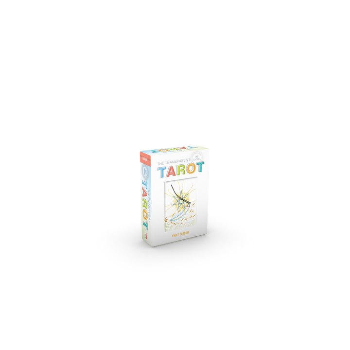 The Transparent Tarot (2nd Edition, Deck and Guidebook Box Set) by Schiffer Publishing, Ltd. stands upright on a white background with vibrant text and abstract line art—ideal for elevating your tarot readings.