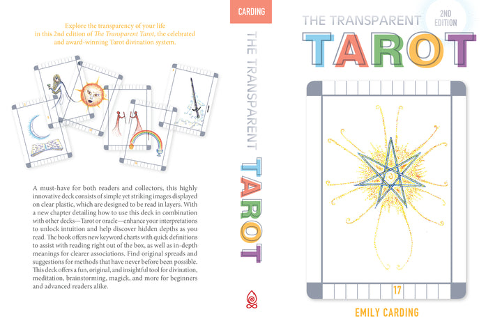Book cover for The Transparent Tarot (2nd Edition, Deck and Guidebook Box Set) by Schiffer Publishing, Ltd., featuring transparent tarot cards, a geometric star motif, and informative text about the deck’s unique features.