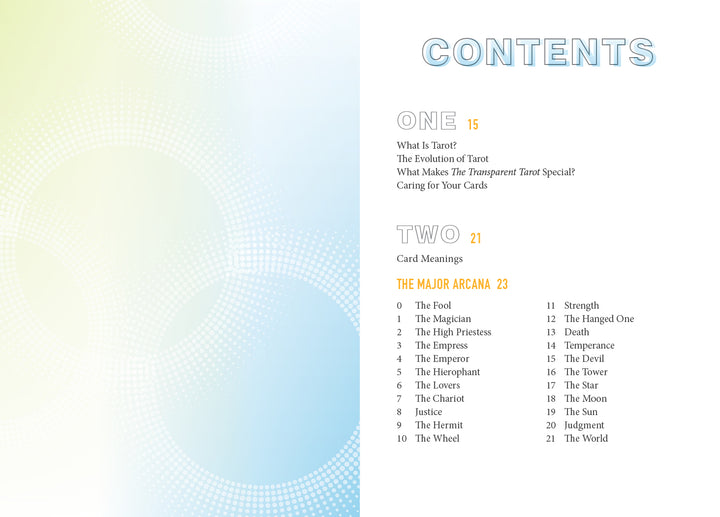 On the left, a soft blue and green dotted background frames the table of contents; on the right, section headings and page numbers detail The Transparent Tarot (2nd Edition) topics and Major Arcana meanings from Schiffer Publishing, Ltd.
