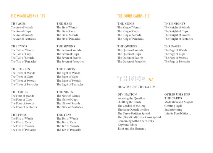 A table of contents from The Transparent Tarot (2nd Edition, Deck and Guidebook Box Set) by Schiffer Publishing, Ltd. lists Minor Arcana, Court Cards, and a "Three" chapter on reading, divination, and other tarot uses.