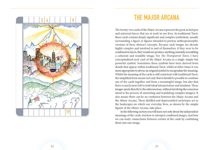 A page from Schiffer Publishing, Ltd.'s The Transparent Tarot (2nd Edition, Deck and Guidebook Box Set) features art of a mystical face amid rainbow mountains and sun, alongside text explaining Major Arcana symbolism and meanings.