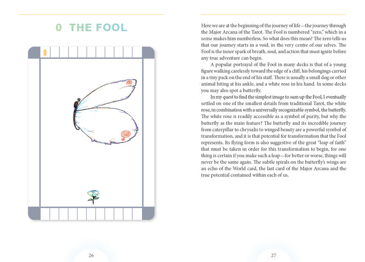 An open book from Schiffer Publishing's The Transparent Tarot (2nd Edition, Deck and Guidebook Box Set) displays The Fool card with a butterfly motif beside text explaining the card’s meaning and significance in Tarot readings.
