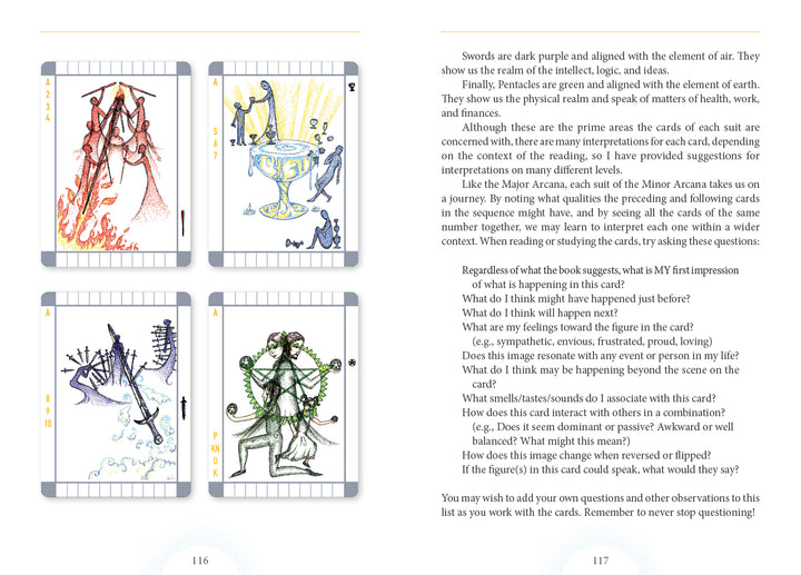 Four vivid cards from Schiffer Publishing’s The Transparent Tarot (2nd Edition, Deck and Guidebook Box Set) appear on the left, while the right page offers tarot reading tips—all set against a light decorative background.