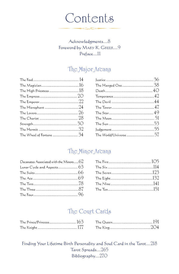 The Star Tarot by Schiffer Publishing, Ltd. features a table of contents page listing The Major Arcana, The Minor Arcana, and Court Cards sections with corresponding tarot card page numbers to guide your self-discovery journey.