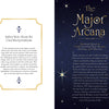 Left: Framed text discusses how The Star Tarot by Schiffer Publishing, Ltd. uses Major and Minor Arcana to guide self-discovery. Right: Starry blue background with gold "The Major Arcana" and a brief description below.
