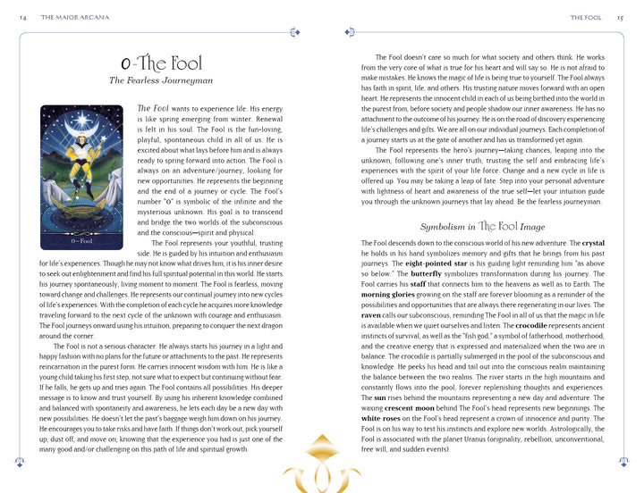 A page from The Star Tarot by Schiffer Publishing, Ltd. features a stylized image of The Fool and its symbolism on the left, with the right page offering detailed analysis and interpretation focused on self-discovery.