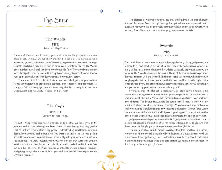 A two-page spread in The Star Tarot by Schiffer Publishing, Ltd. describes the four tarot suits—Wands, Cups, Swords, and Pentacles—covering their elements, astrological signs, symbolism, and meanings for self-discovery.