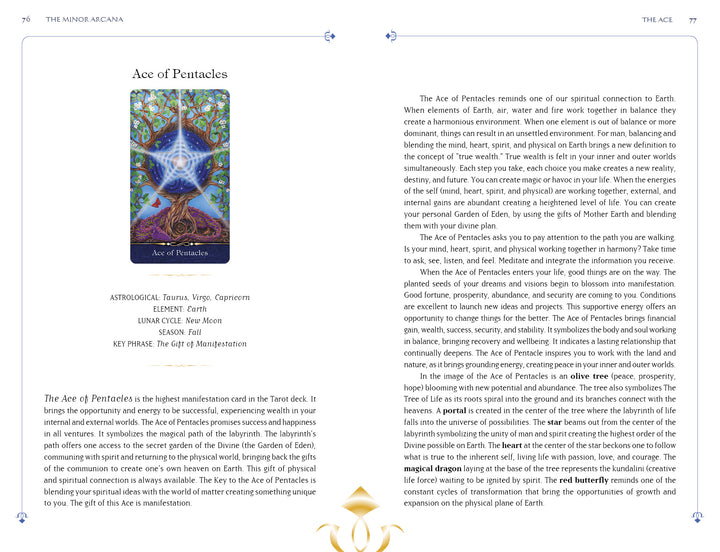 A book page from "The Star Tarot" by Schiffer Publishing, Ltd. showcases the Ace of Pentacles card with vivid artwork and text detailing its symbolism, meanings, and astrological links.