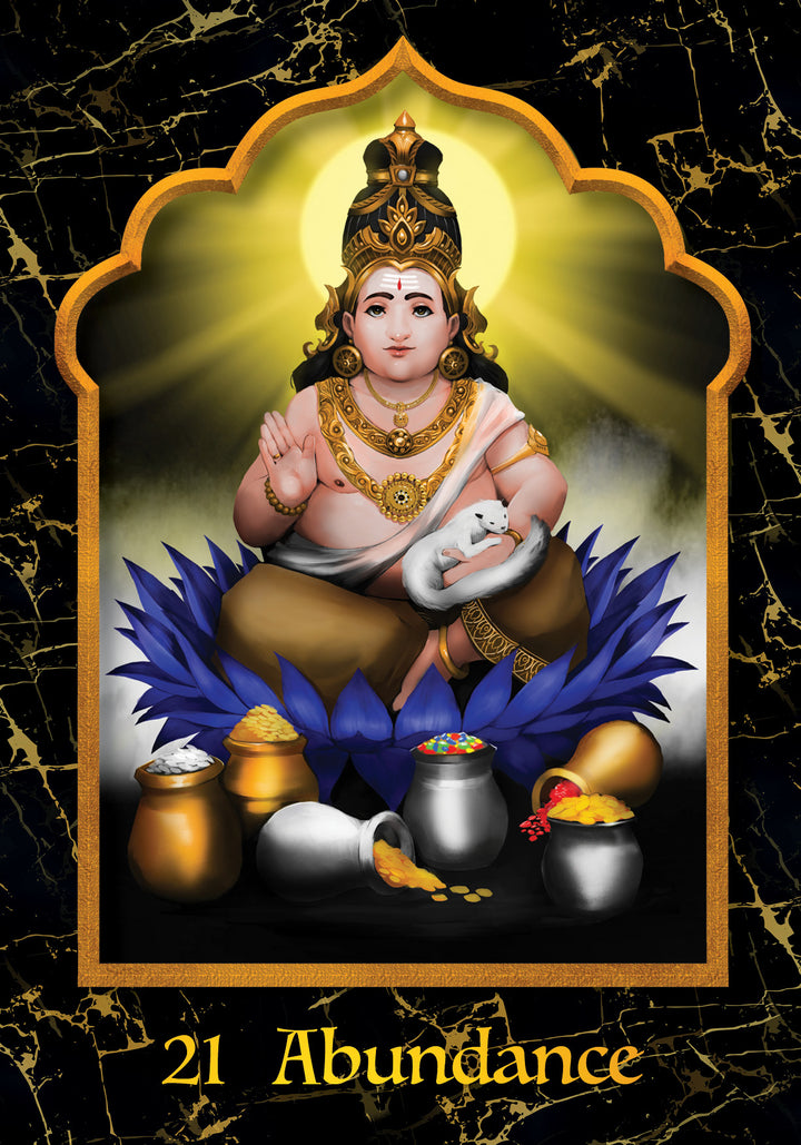 A divine figure adorned with gold jewelry sits on a blue lotus, holding a white mouse, amid treasures—like an oracle card from The Mahābhārata Oracle by Schiffer Publishing, Ltd.—golden light behind and 21 Abundance on black marble below.