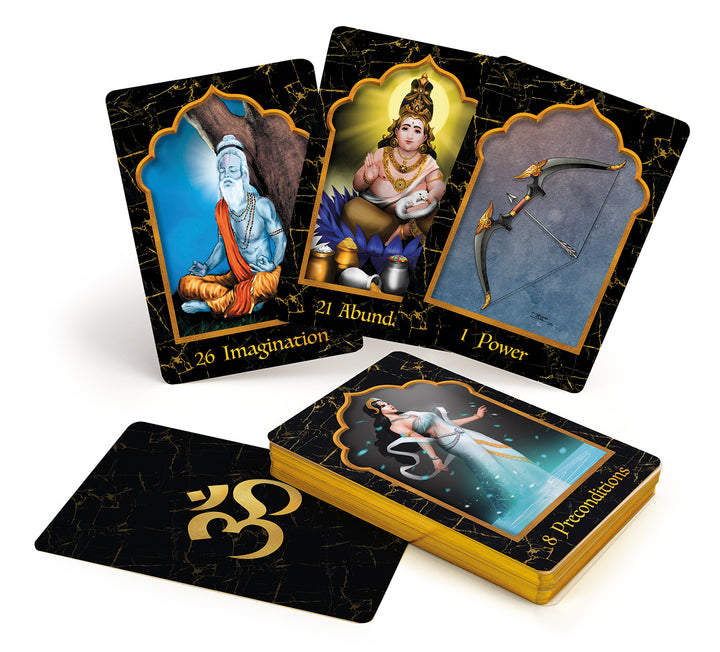 A spread of illustrated archetype cards from The Mahābhārata Oracle by Schiffer Publishing, Ltd. features deities and symbols labeled Imagination, Abundance, Power, and Precipitations. The back shows a gold Om on a black marbled background.