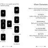 Two pages from The Mahābhārata Oracle by Schiffer Publishing, Ltd.: the left shows a 10-card Celtic Spread with archetype tarot cards and meanings; the right lists main deck characters from the Mahābhārata with brief profiles.