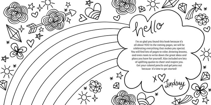 The black-and-white drawing on Shine Bright by Schiffer Publishing, Ltd. features rainbows, hearts, stars, flowers, and doodles. Handwritten text inside a cloud welcomes teens to this creativity book for inspiration and self-expression.