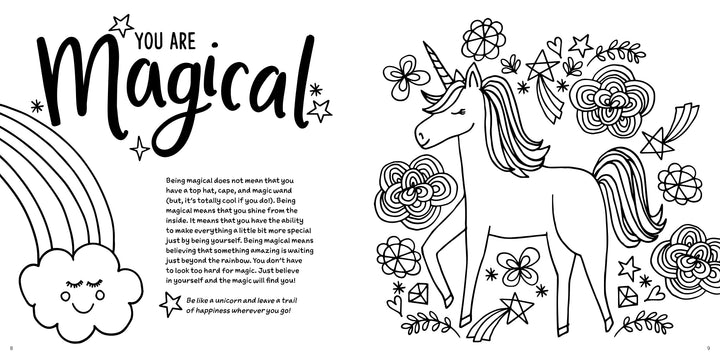 The "Shine Bright" coloring page by Schiffer Publishing, Ltd. features “You Are Magical” with a smiling rainbow, unicorn, stars, hearts, flowers, and swirls—an inspiring creativity book design for teens celebrating your unique magic.