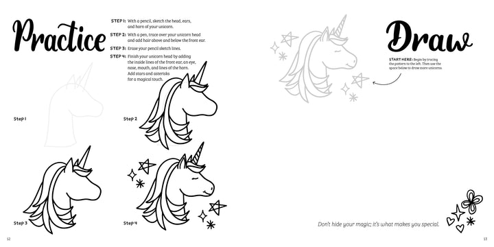 The Shine Bright drawing guide from Schiffer Publishing, Ltd. teaches kids to draw a unicorn head with a flowing mane, adding details like horn, ears, stars, and a heart—“Practice” appears large at the top for encouragement.