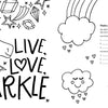 The “Shine Bright” coloring page from Schiffer Publishing, Ltd. features a unicorn, stars, gems, and the phrase “Live, Love, Sparkle,” with rainbows and clouds framing a lined writing prompt titled “Dream: Make your own magic!”.