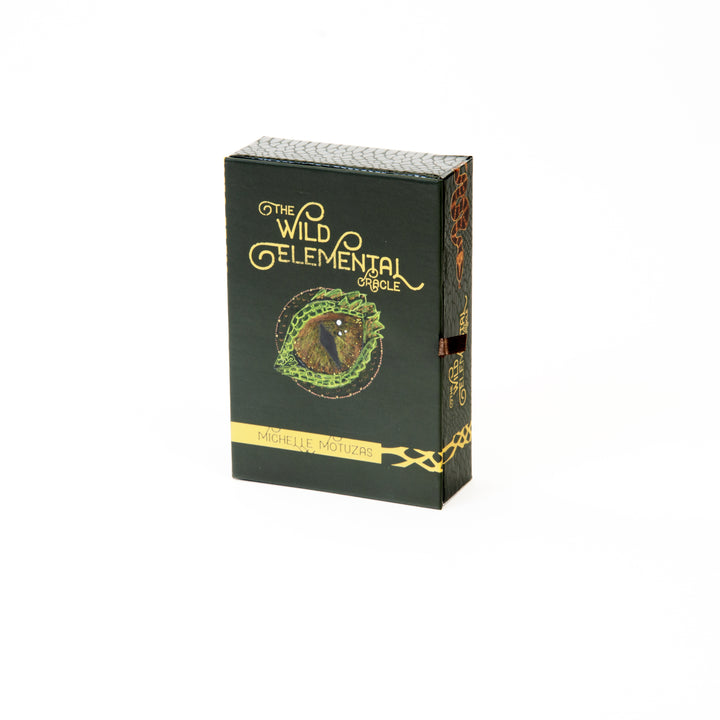 The Wild Elemental Oracle by Schiffer Publishing, Ltd. features a mystical green design with gold text and a central eye on a dark box, channeling animal wisdom and spirit guide energy.