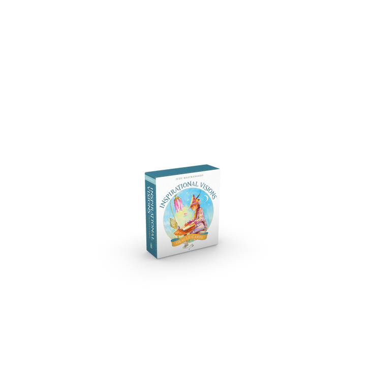 The Inspirational Visions Oracle Cards by Schiffer Publishing, Ltd. come in a blue and white box featuring artwork of a woman on a rock with a bird—an inspiring tool for self-discovery set against a plain white background.