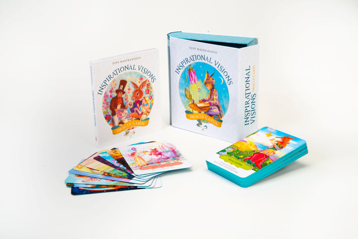 The Inspirational Visions Oracle Cards by Schiffer Publishing, Ltd. features a vibrant box, illustrated cards displayed stacked and spread out, and an inspirational guidebook—all designed for self-discovery with colorful artwork.