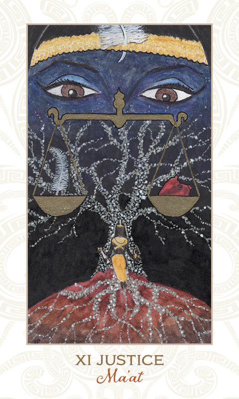 A card from Pistis Sophia by Schiffer Publishing, Ltd. shows Maat with blue skin above a golden scale holding a feather and heart, while a kneeling woman with roots spreads on a starry backdrop. The card reads XI Justice Maat.