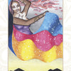 A woman in flowing blue, pink, and yellow robes with star-like dots stands before swirling clouds and silhouetted mountains. From Pistis Sophia by Schiffer Publishing, Ltd., this card is XVII THE STAR Usha.
